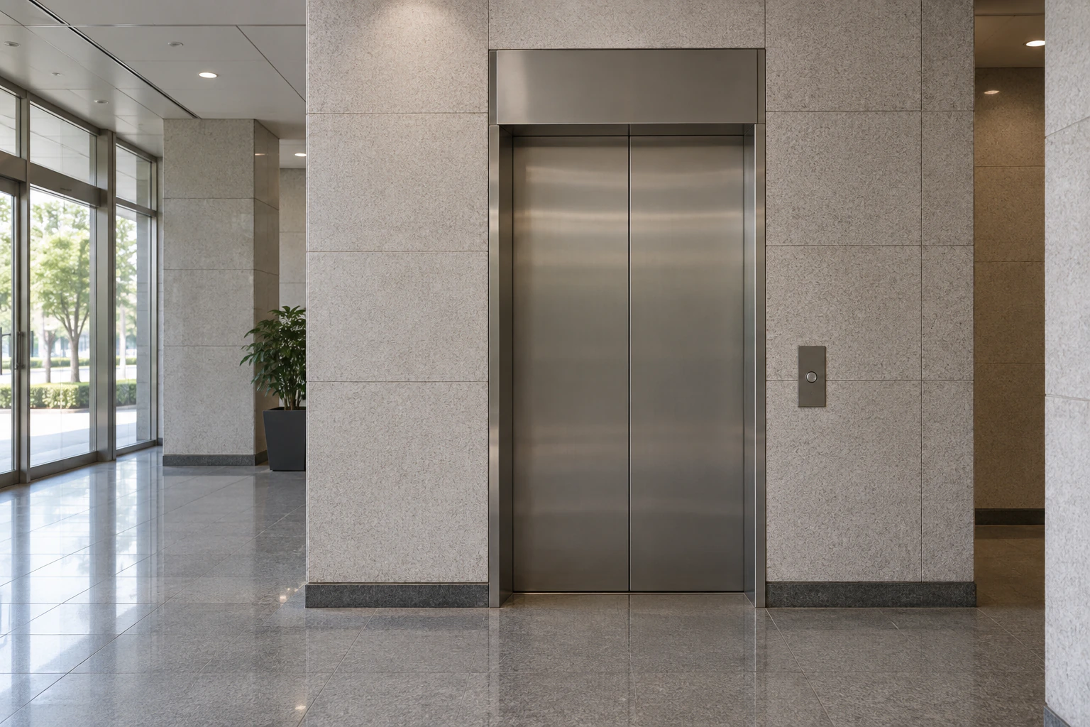 A lift door and call button on the ground floor of a government building, nobody present. Editorial image.