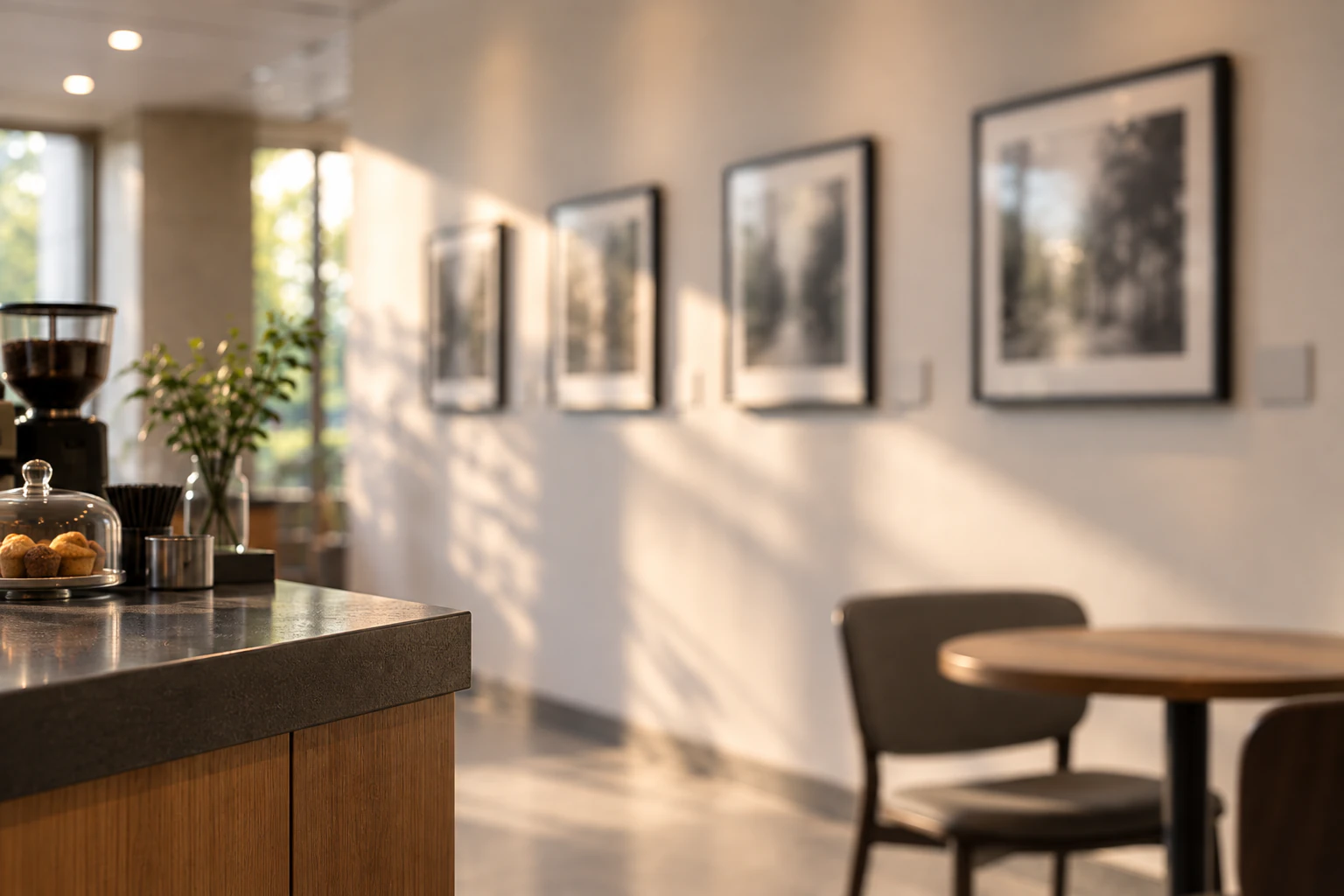 Framed black-and-white photographs hanging in a row on a café wall, their contents soft. Editorial image.
