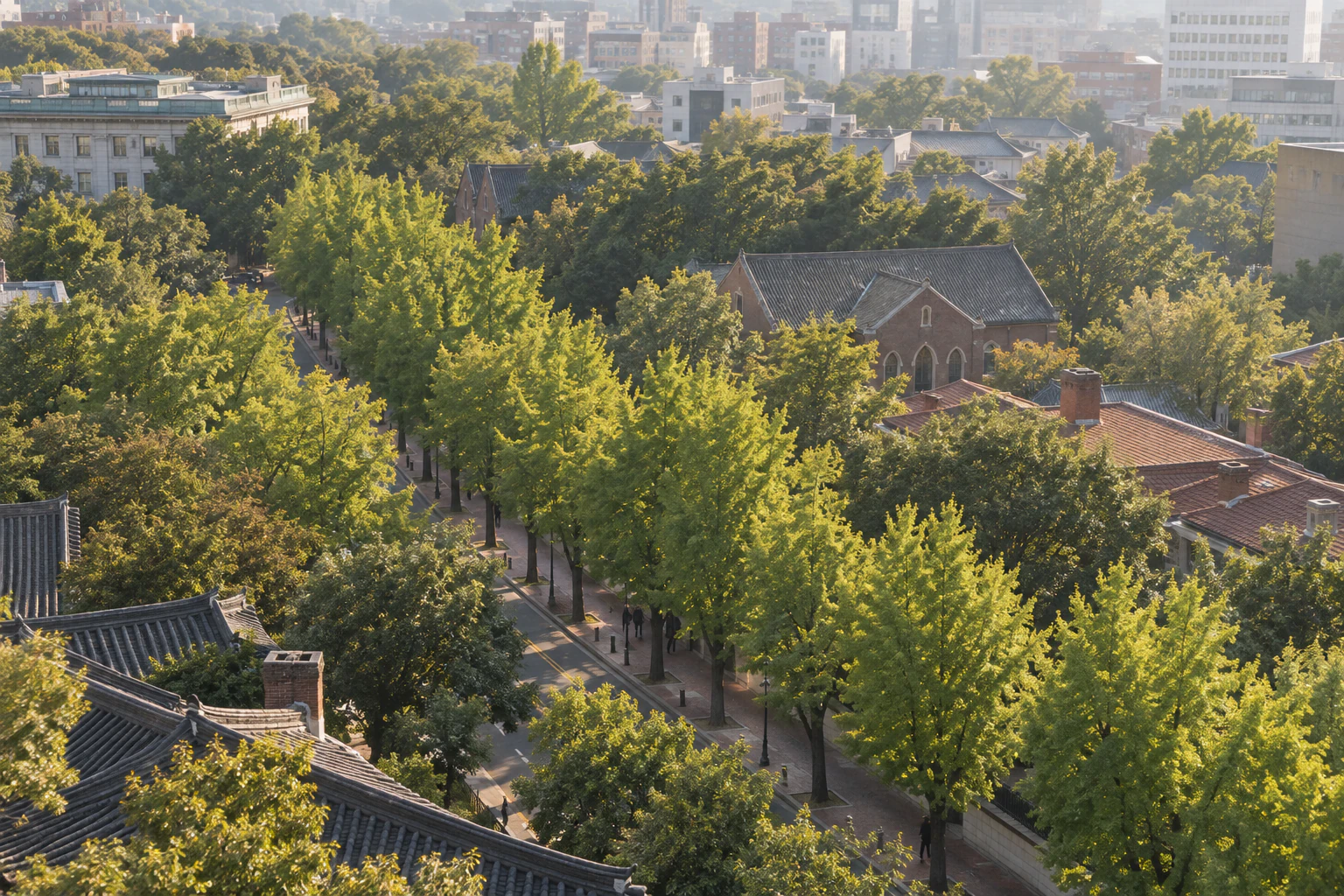 Red-brick roofs between bands of street trees, seen from above. Editorial image.