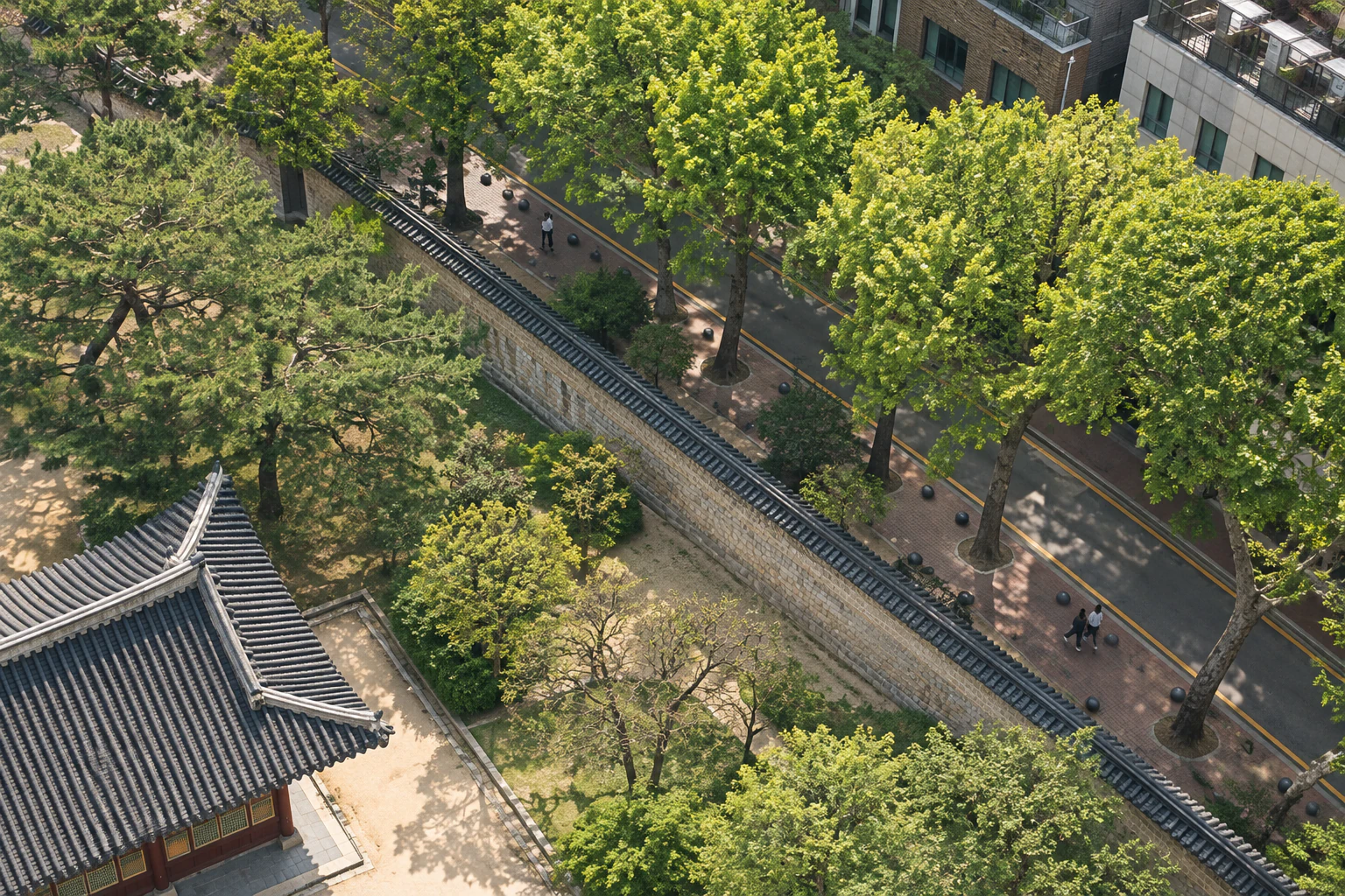 從上方俯瞰的宮牆線條，以及牆外的人行道、行道樹與窄路，幾個小小的行人。編輯圖片。