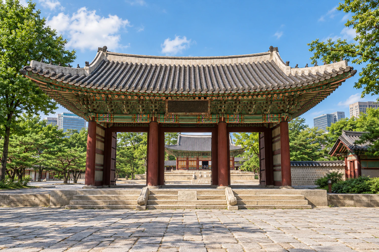 庭へ通じる一層の宮殿の門、瓦屋根、前に石段。編集画像。