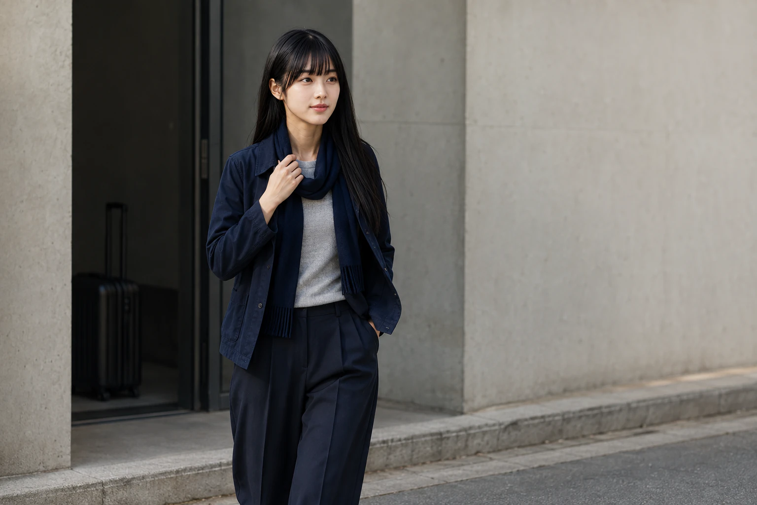 Maya stepping out of a plain doorway on arrival morning in the look packed from the case, adjusting the jacket collar