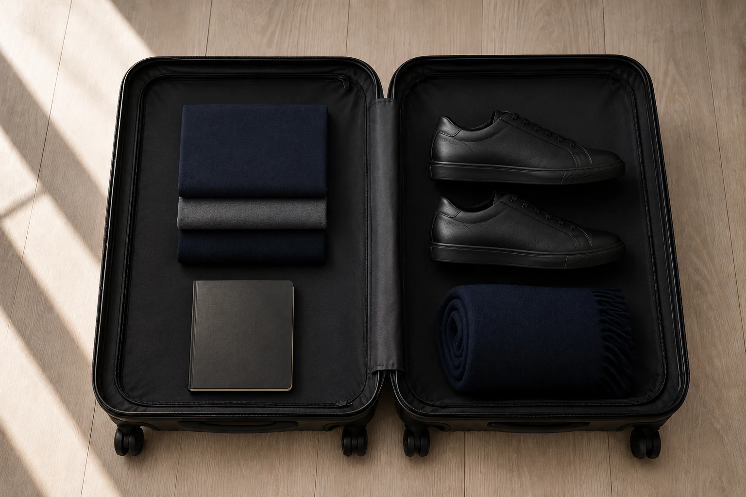 Inside an open carry-on: three thin layers folded to A5 size and stacked flat beside a blank A5 notebook, one pair of black low-profile sneakers and a rolled navy scarf