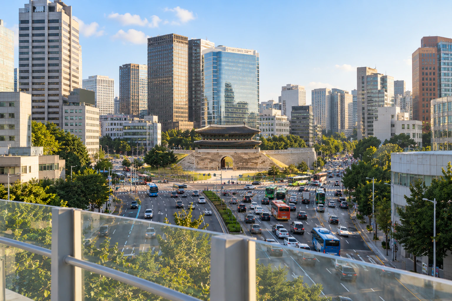 高架の上から見下ろした広い道路と、その真ん中の伝統的な城門。無人。編集画像。