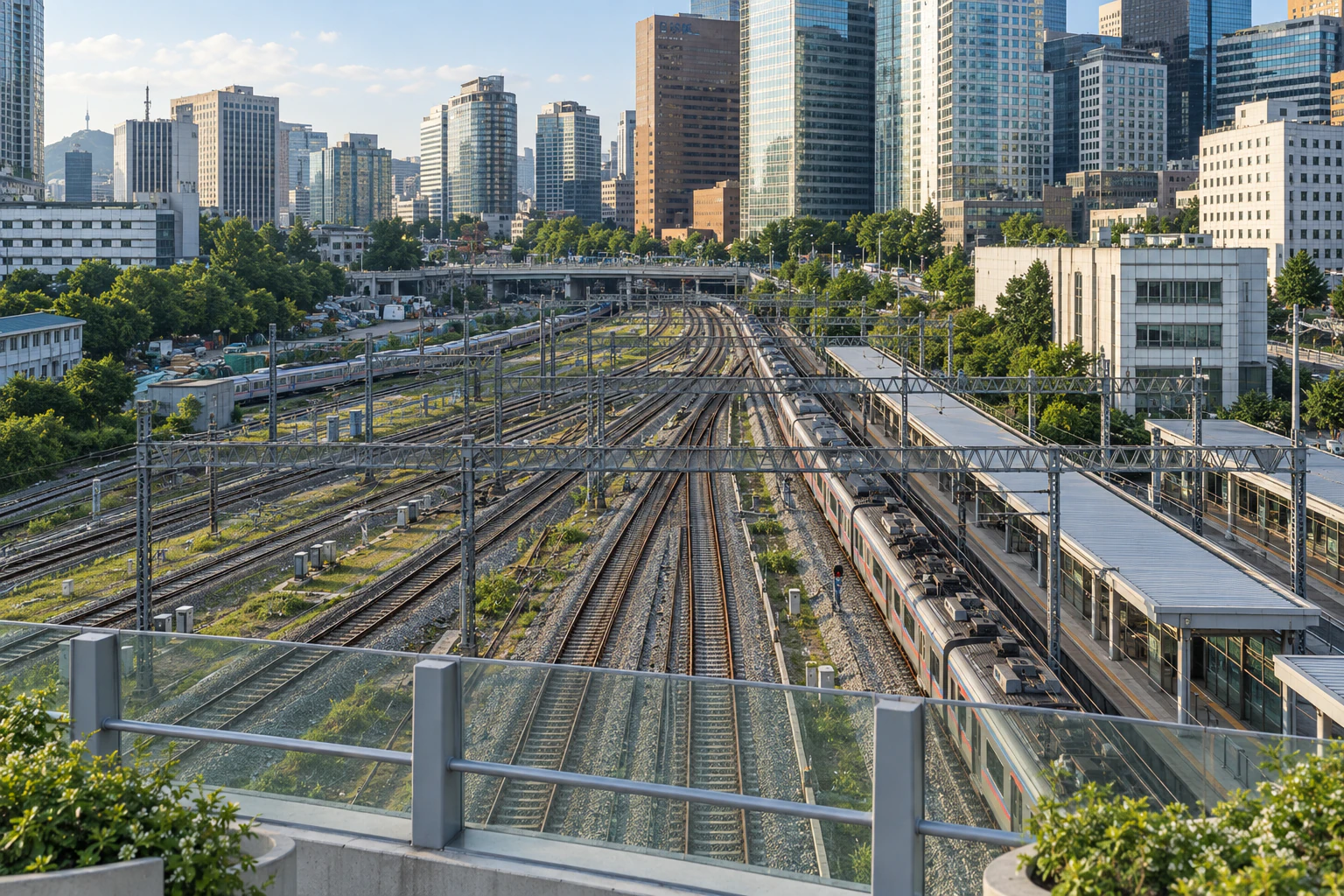 高架の上から見下ろした何本もの線路と列車。無人。編集画像。