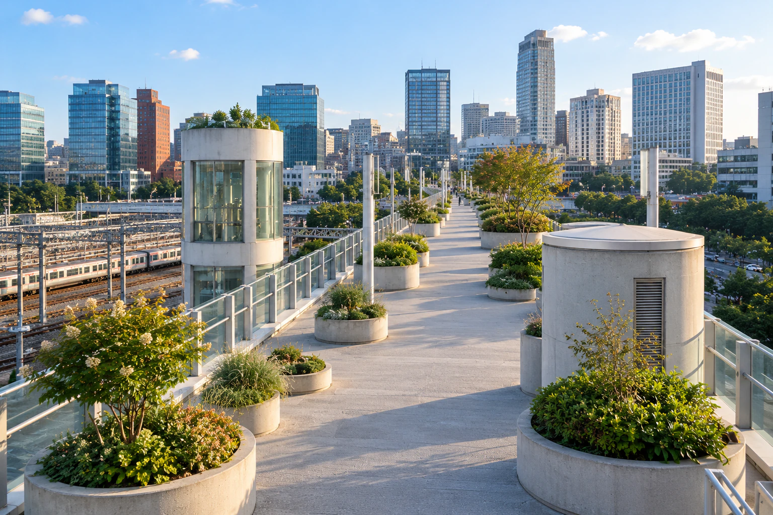 植木鉢のあいだをまっすぐ延びる高架の歩道。無人。編集画像。