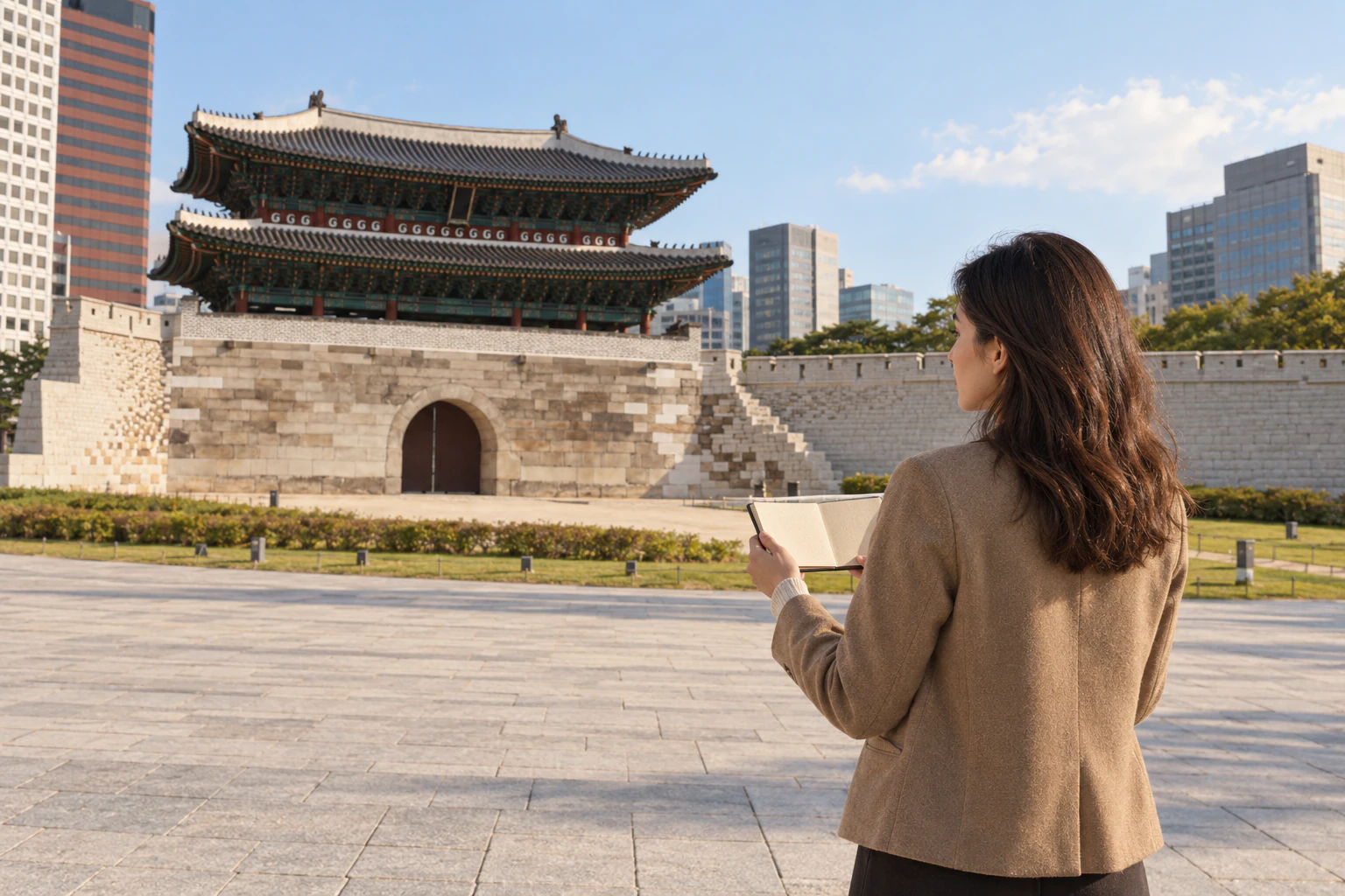 수첩을 든 여성이 광장에서 옛 성문과 길게 이어진 성벽을 바라보는 뒷모습. 편집 이미지.