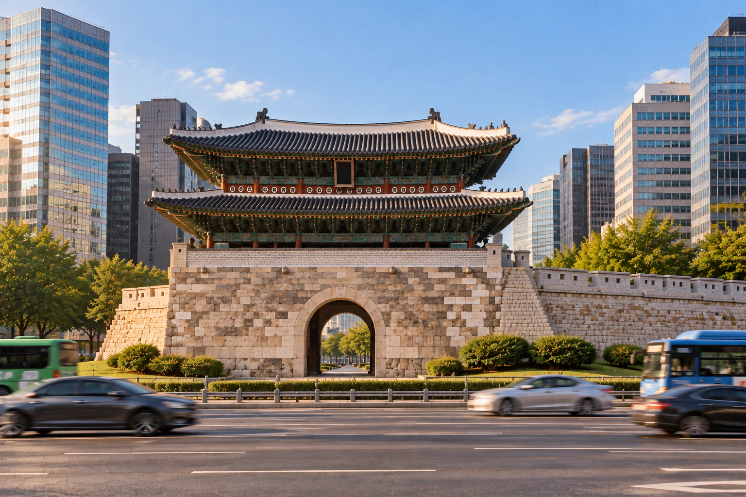 여러 차로의 도로 가운데 잔디 광장 위에 선 옛 성문과 주변 빌딩. 사람 없음. 편집 이미지.