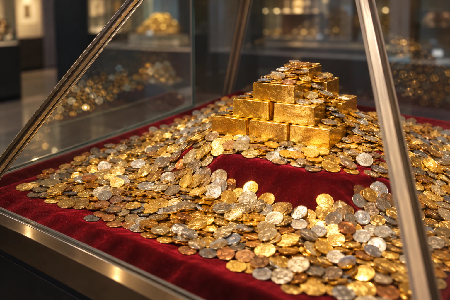 Gold- and silver-coloured coins heaped inside a glass case. No readable lettering or numbers. Editorial image.