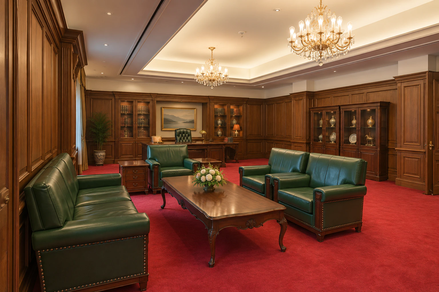 A recreated former office with wood panelling, green sofas, a red carpet and a chandelier. No people. No lettering or flags. Editorial image.