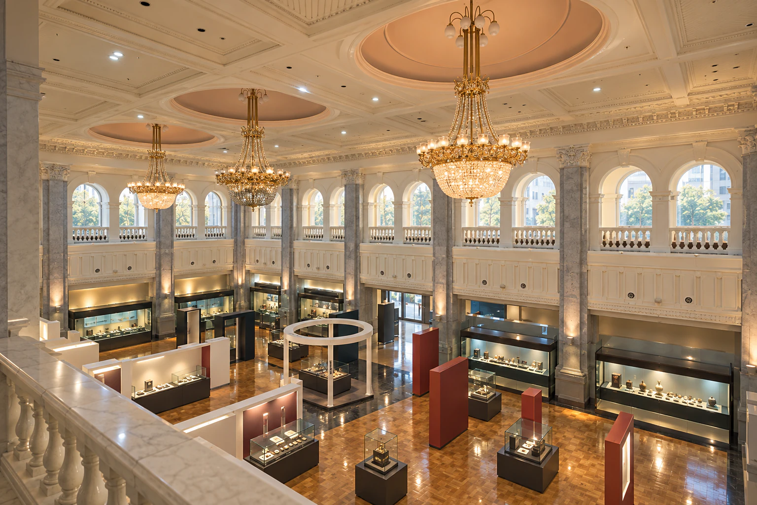Inside a hall with a high ceiling hung with chandeliers, arched windows and balustrades. No people. No lettering. Editorial image.