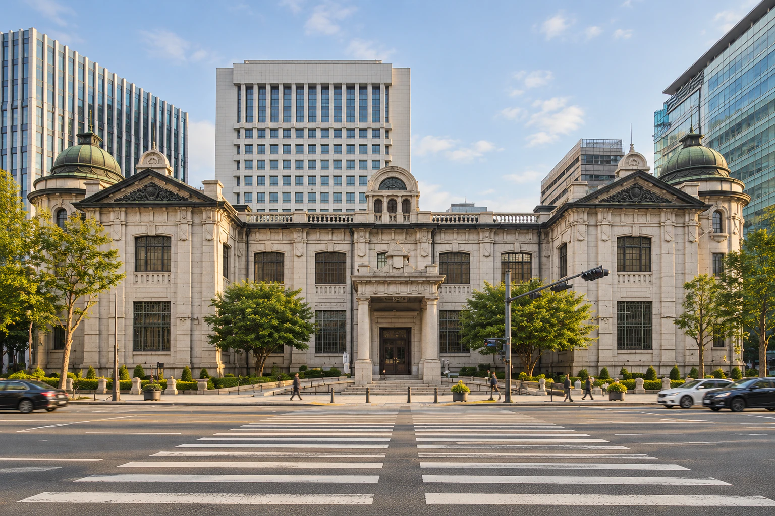 The front of a symmetrical two-storey granite building, with a central entrance and green rounded roofs on both corners, a tall modern tower behind. People small and distant. No lettering. Editorial image.