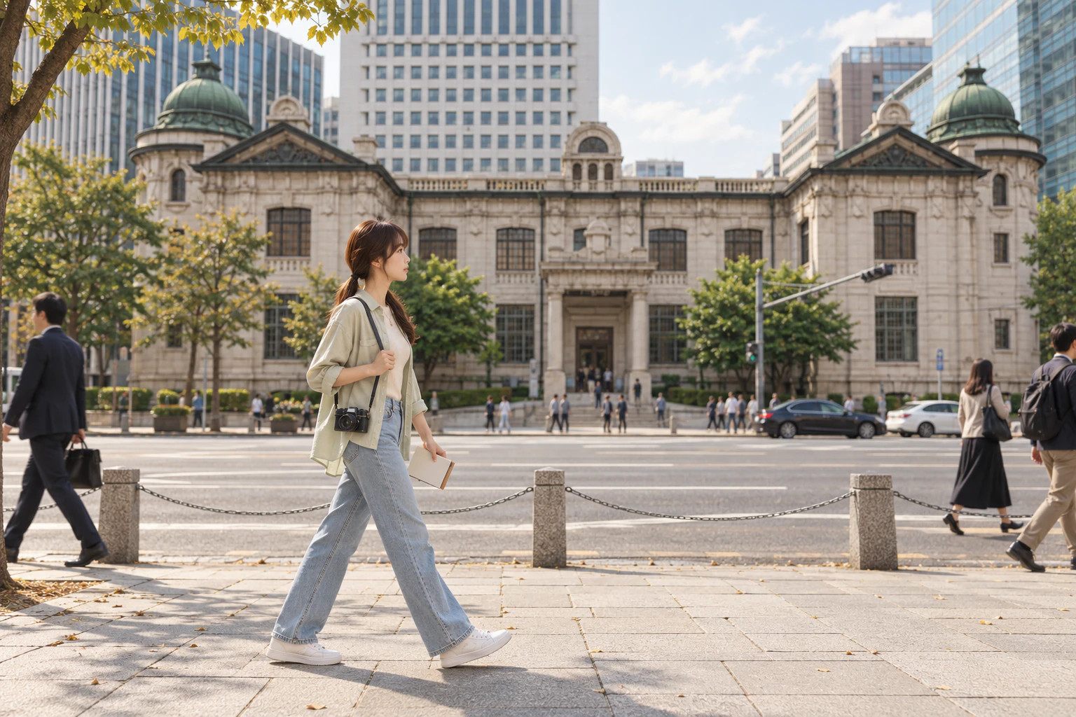 A woman in a pistachio-coloured shirt walks along a city pavement towards a granite building. Editorial image.