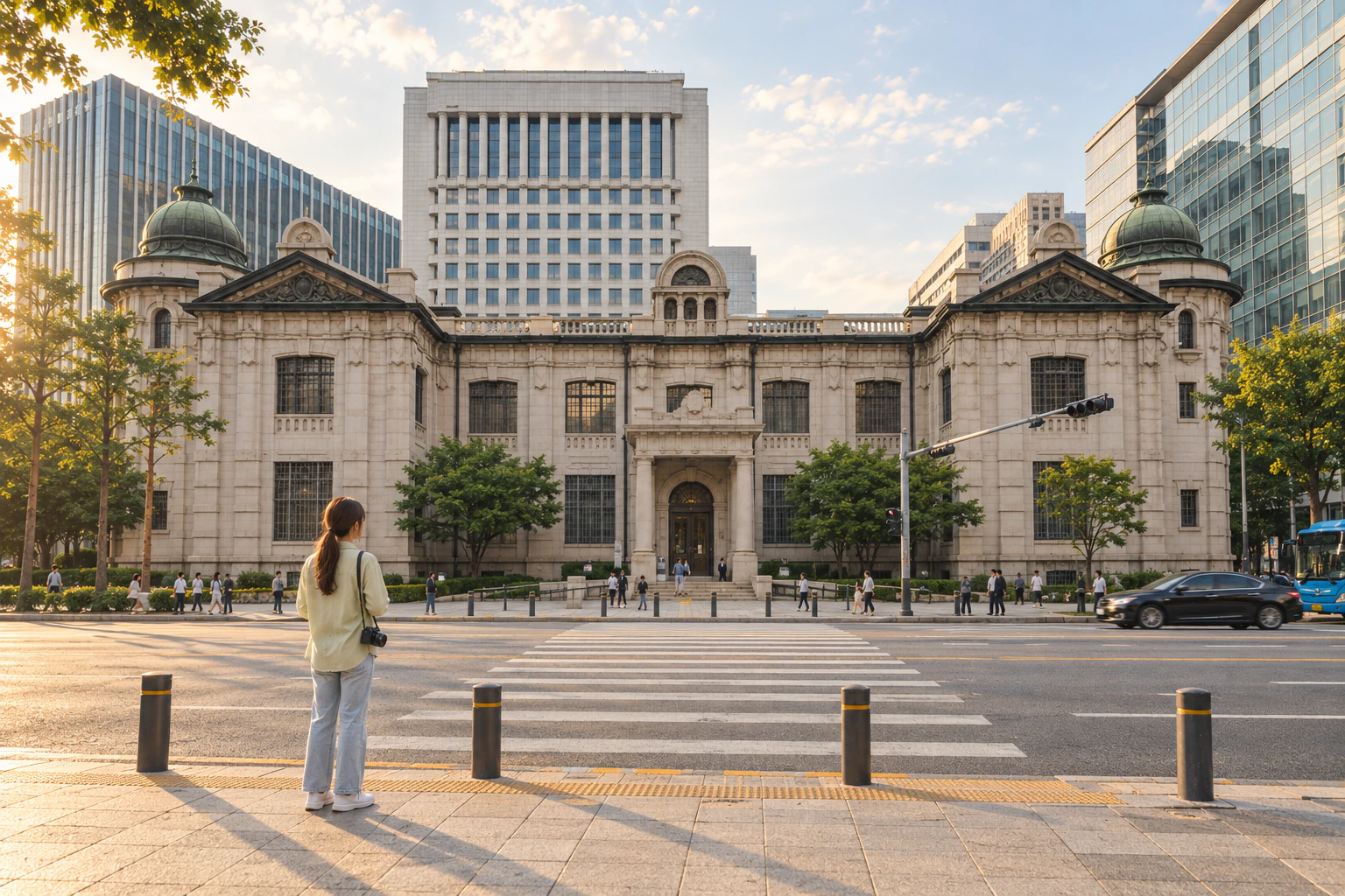 Late afternoon, side view of a woman on the pavement across a main road, looking at a stone building. Editorial image.