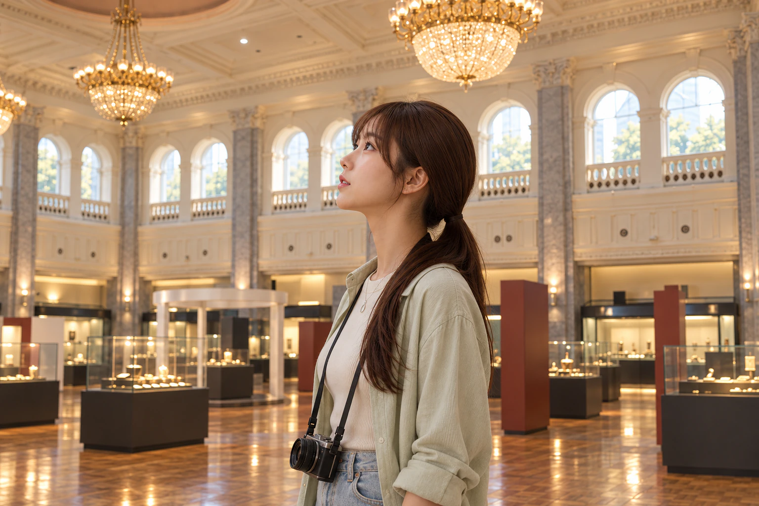 Side view of a woman looking up at the ceiling in a chandeliered hall. Editorial image.