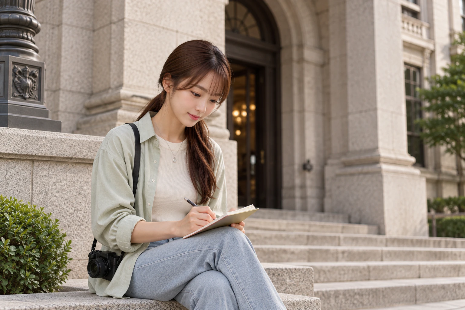 A woman writing in a small notebook beside the steps in front of a building. Editorial image.