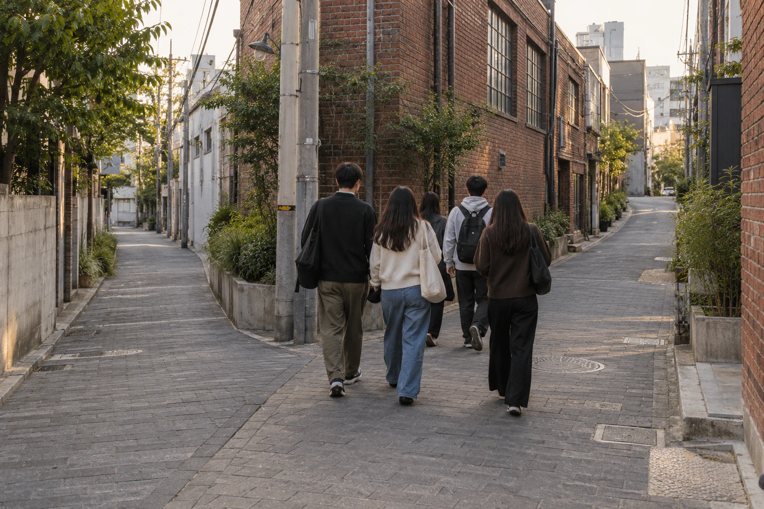 A few pedestrians, seen from behind, walk in the same direction towards a fork in a Seongsu back street. Red-brick walls and worn paving sit in late-afternoon light. No faces are visible.