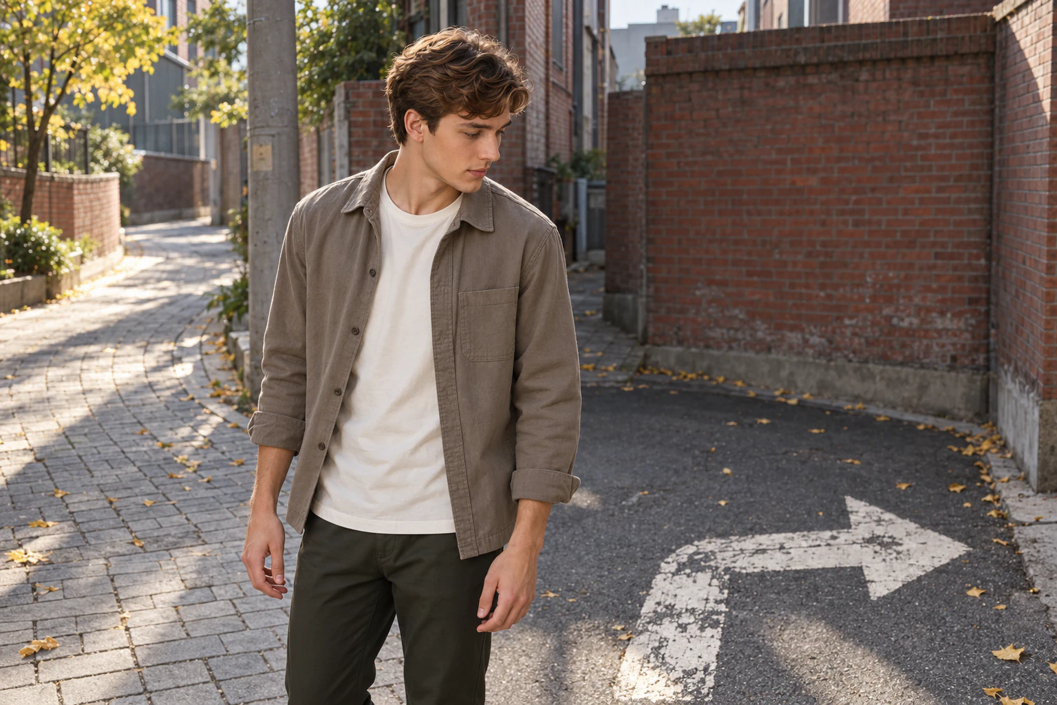Noah pausing in a Seongsu side lane, body turned toward the open paved lane on the left while his eyes rest on a large worn painted arrow on the asphalt that points right into a brick dead end