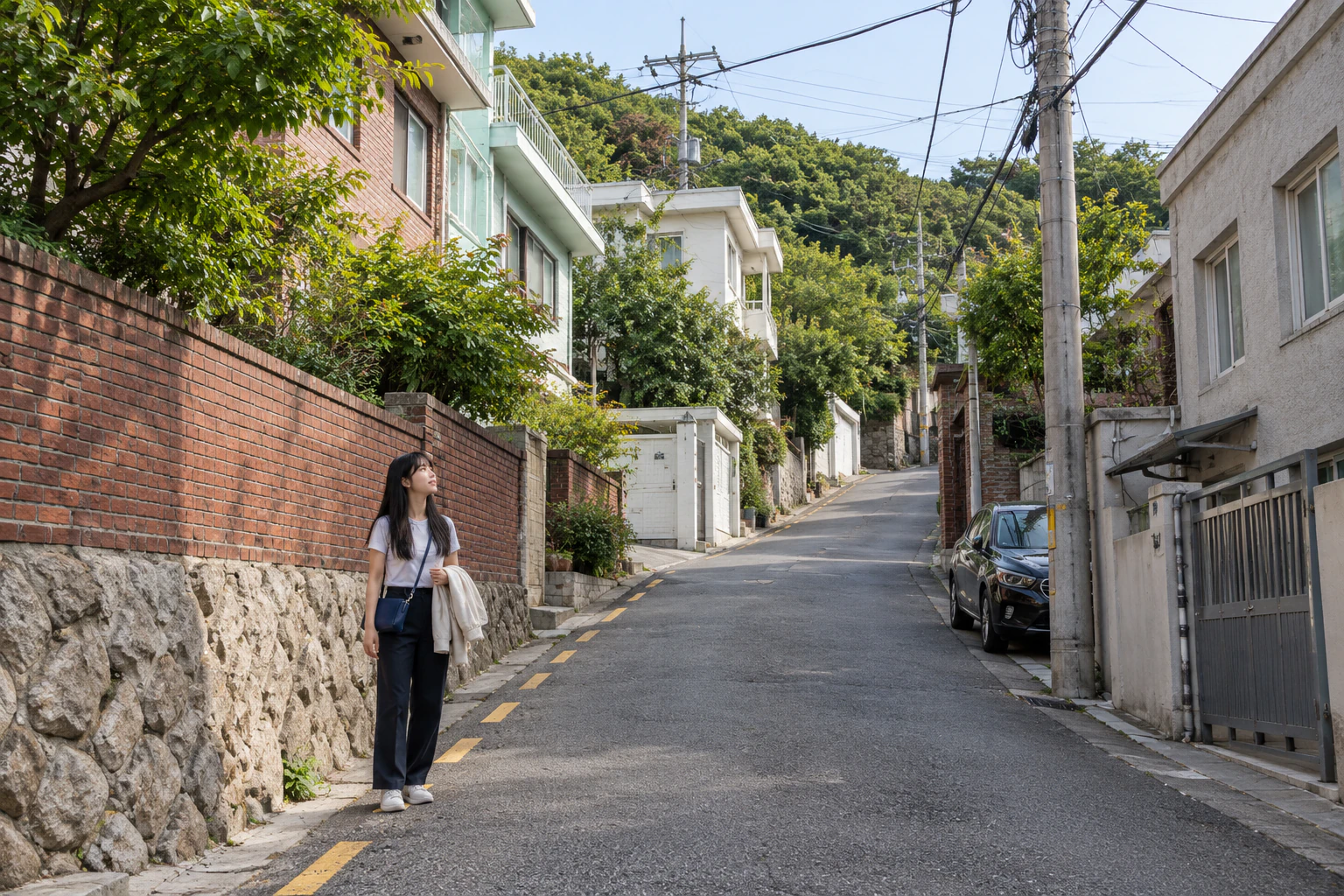 石基上的紅磚擋土牆和低層住宅之間，一條上坡柏油巷弄向前延伸，頭頂橫過成束的電線。Maya把外套搭在手臂上，站在路邊抬頭看著巷弄。