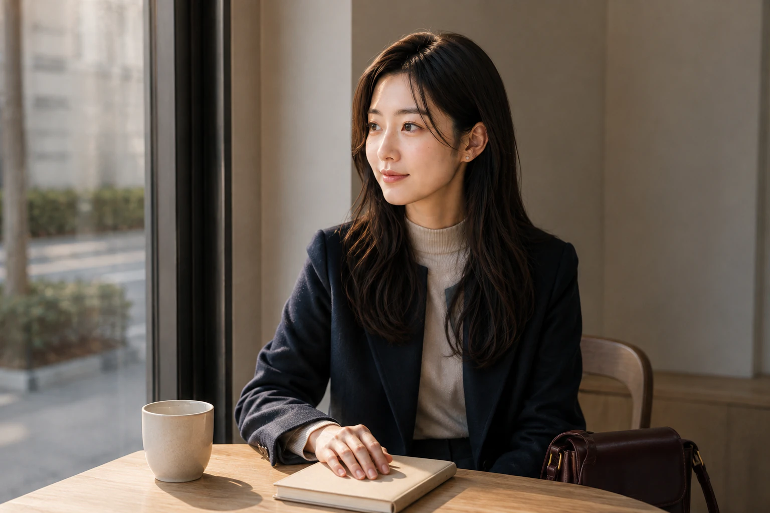 Rina at a cafe window seat with a small closed notebook under her hand, looking out toward the late light