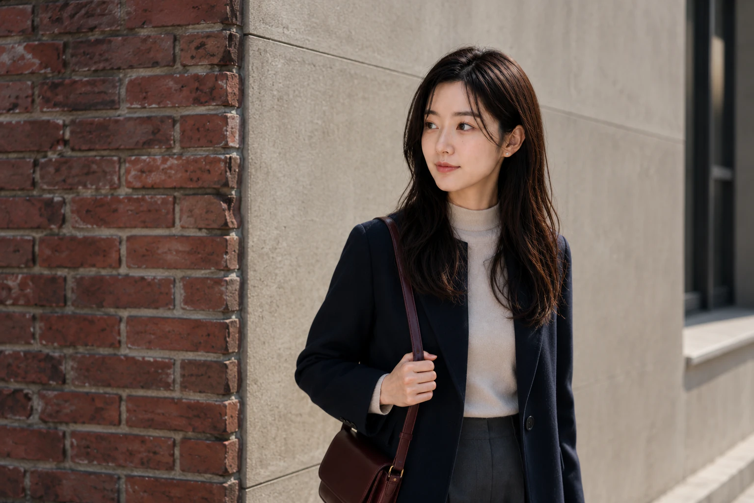 Rina at a street corner reading the seam where an old brick wall meets a newer concrete facade, comparing the second visit with the first