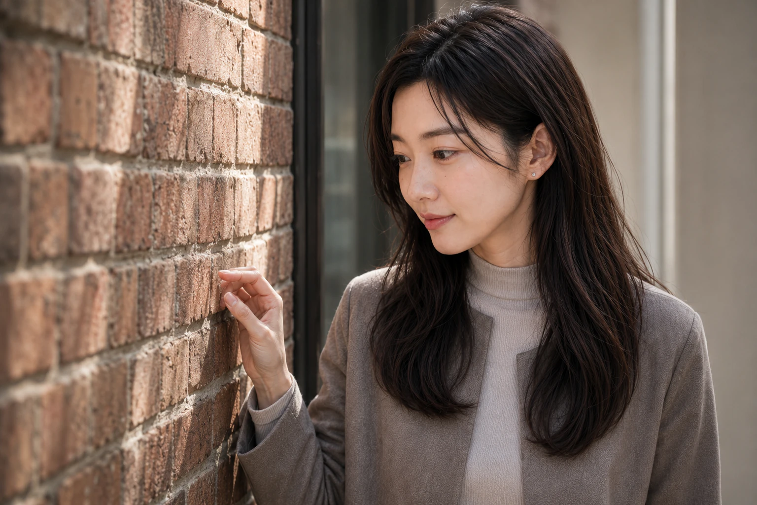 Rina leaning in to read the texture of an old brick wall, a small smile of recognition forming
