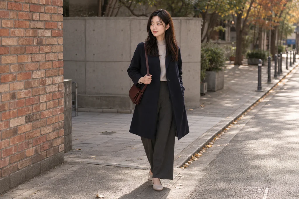 Rina pausing mid detail-walk as a familiar corner catches her eye, Seongsu autumn morning
