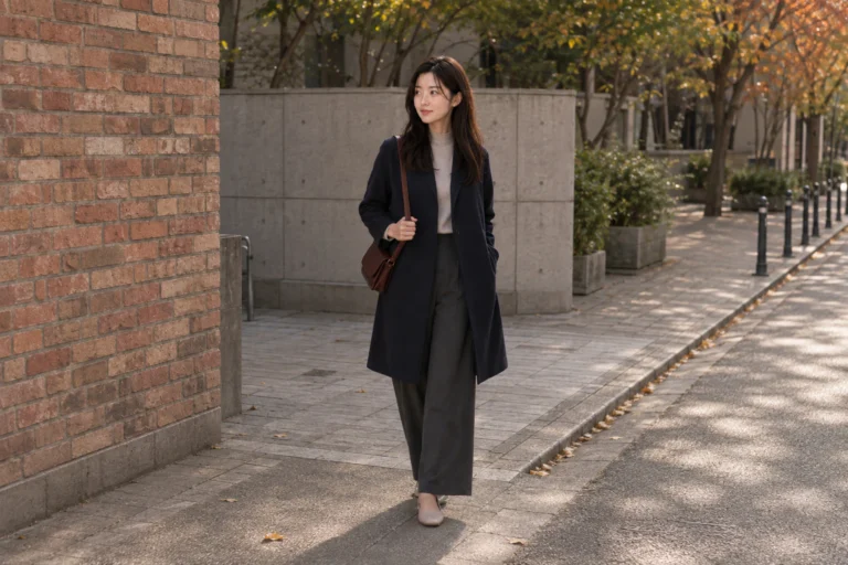 Rina walks along a brick alley in a navy coat, grey turtleneck, charcoal trousers and an oxblood shoulder bag.