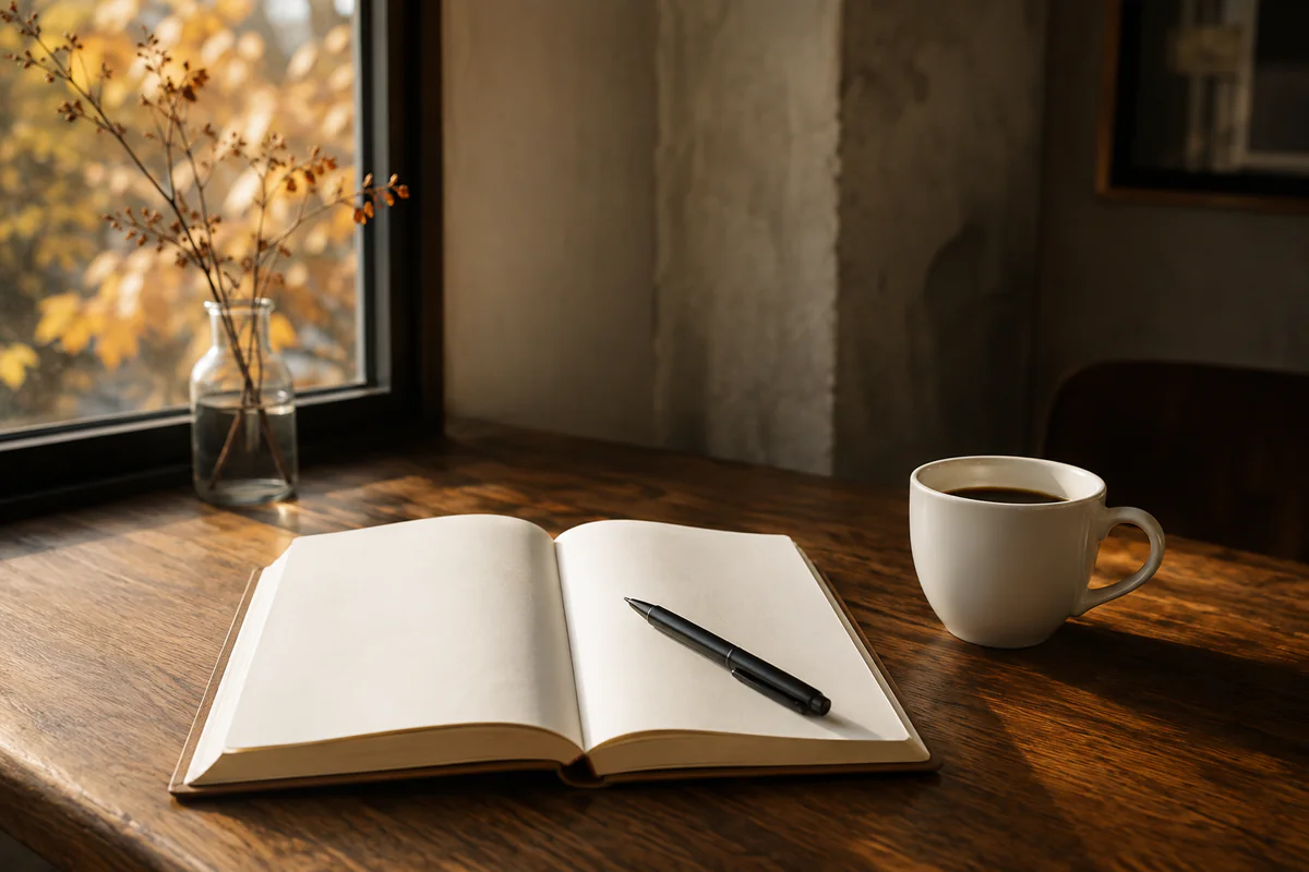 A blank notebook and pen beside a coffee cup in warm window light