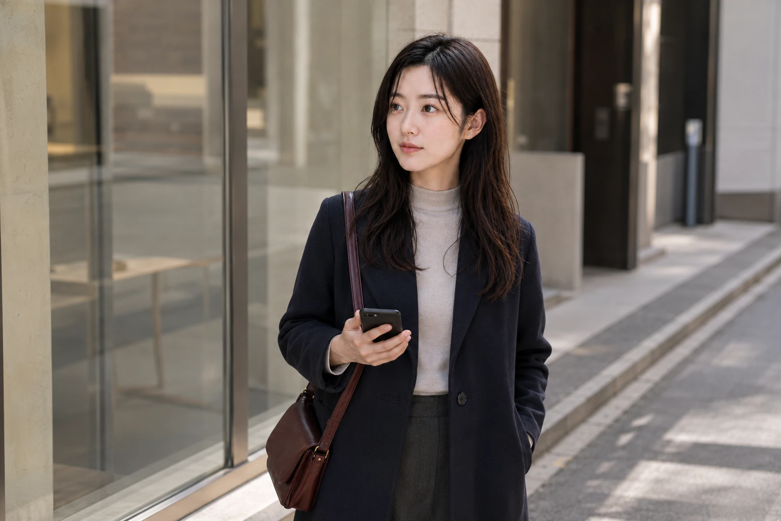 Rina looking up from a dark phone screen to compare a saved note with the street in front of her