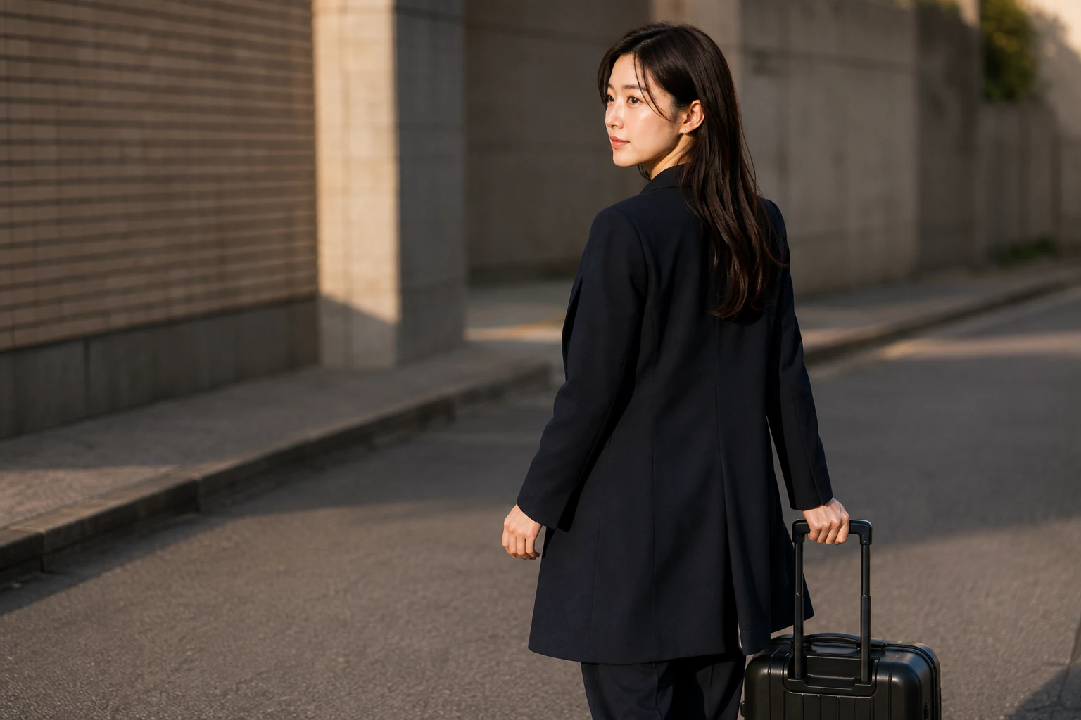 Rina walking away down a quiet side street in late light with a single compact carry-on