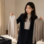 Rina holding two similar knit layers side by side over an open carry-on, deciding which one goes back