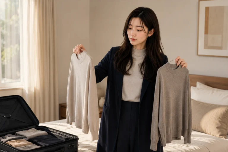 Rina holding two similar knit layers side by side over an open carry-on, deciding which one goes back