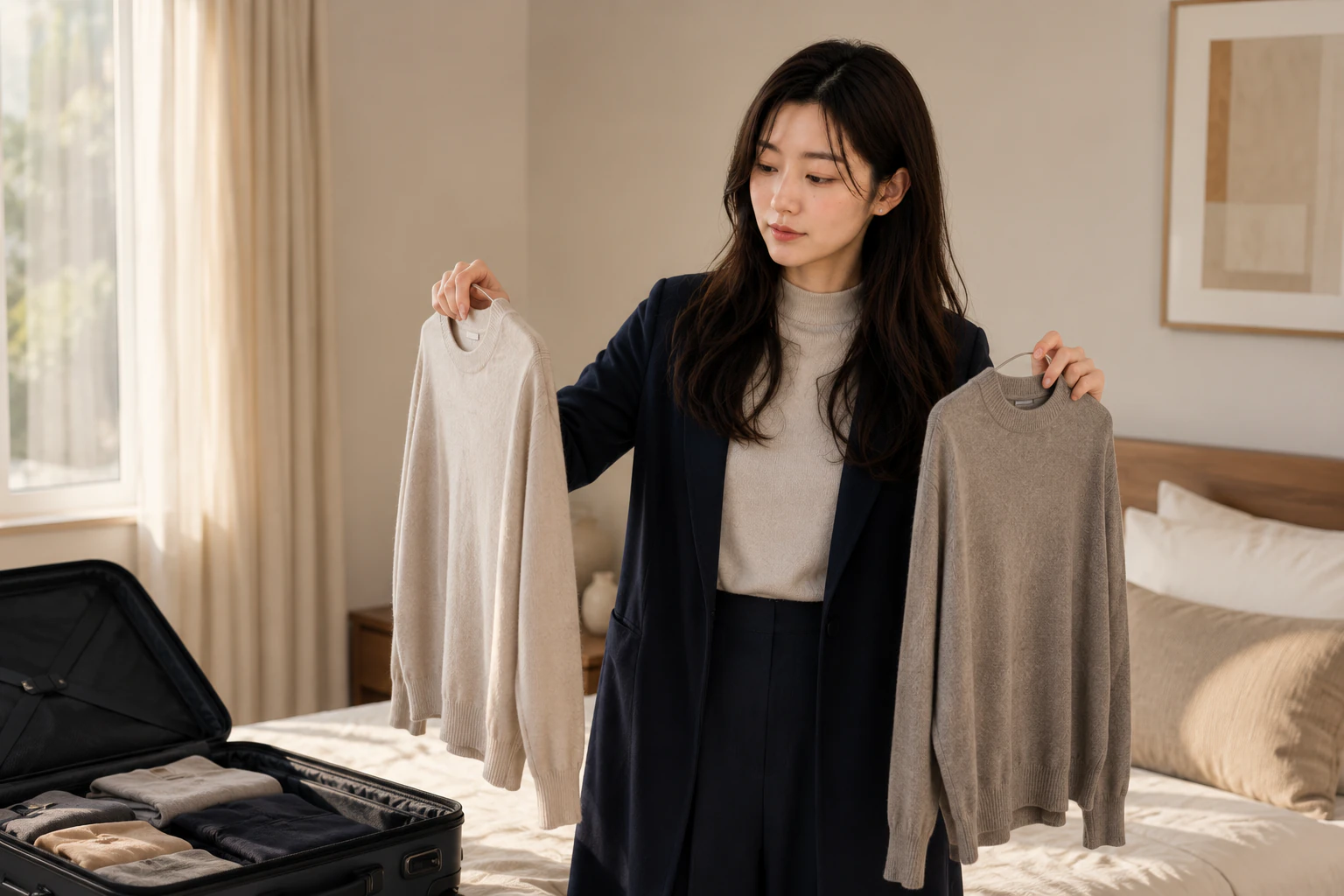 Rina holding two similar knit layers side by side over an open carry-on, deciding which one goes back