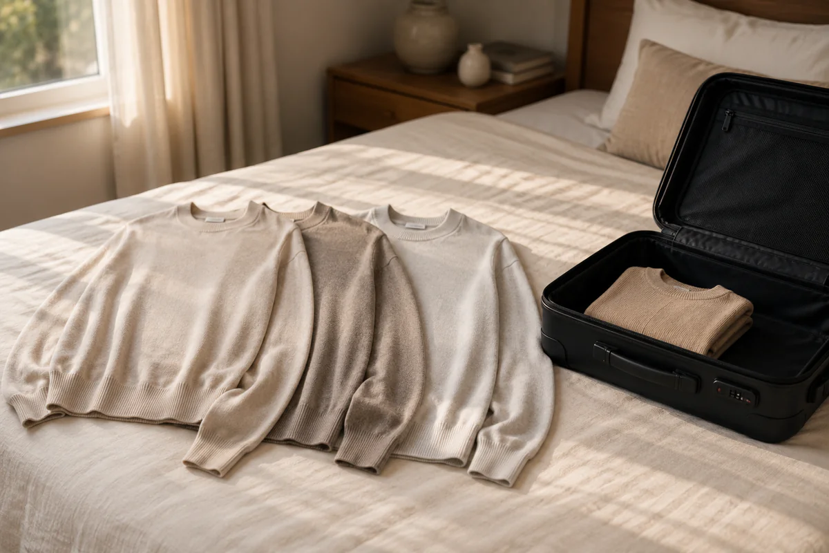 Three similar knit layers laid flat beside a suitcase holding only one