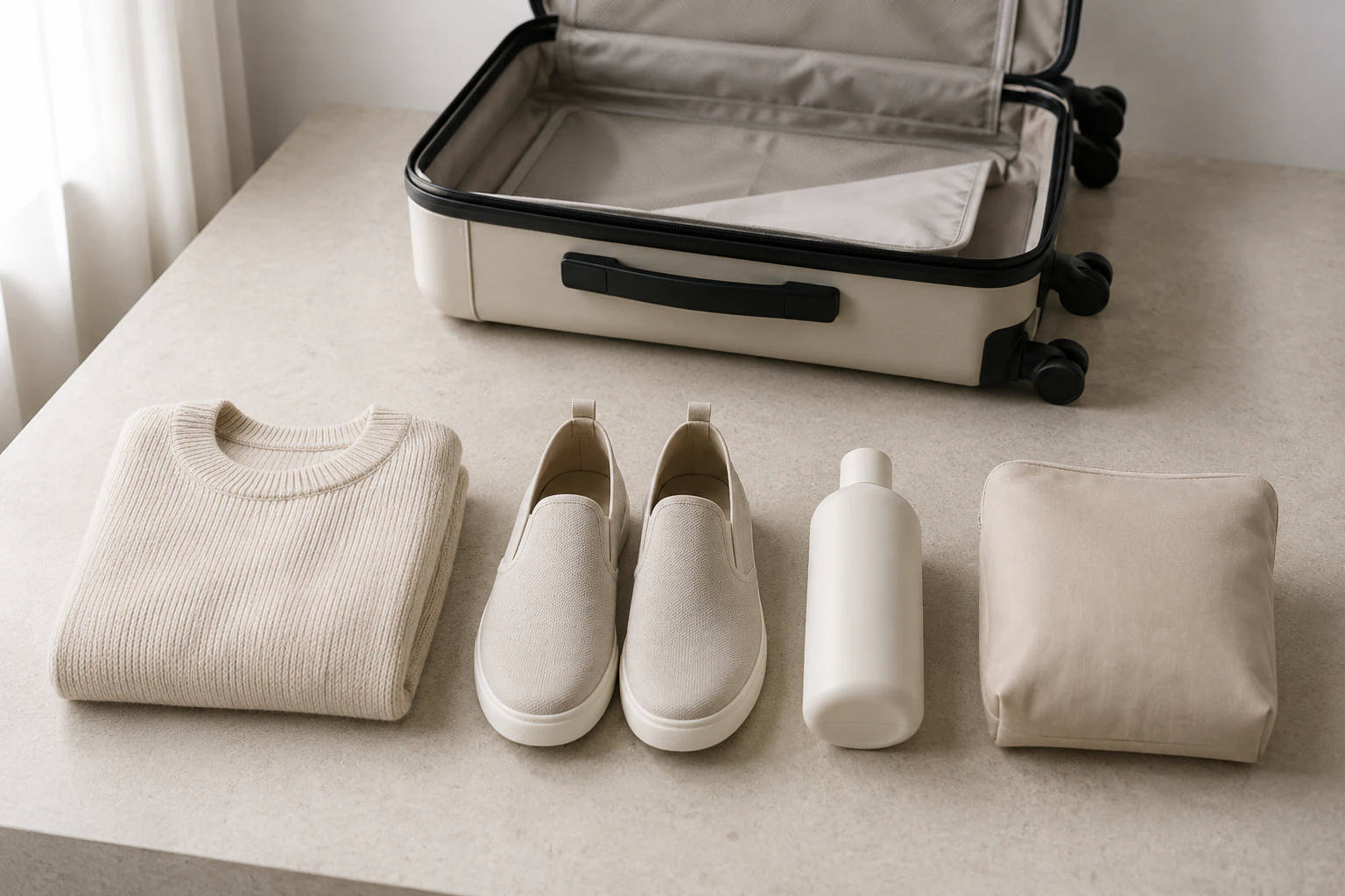 Four things removed from the case laid in a row beside an open carry-on: a duplicate knit, spare shoes, a full-size bottle, an empty pouch