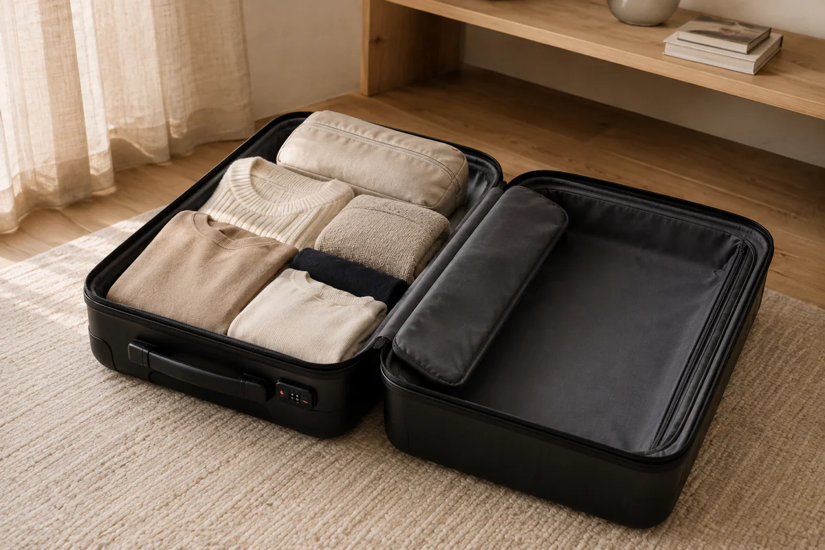 An open carry-on with one compartment kept deliberately empty — the defined return space