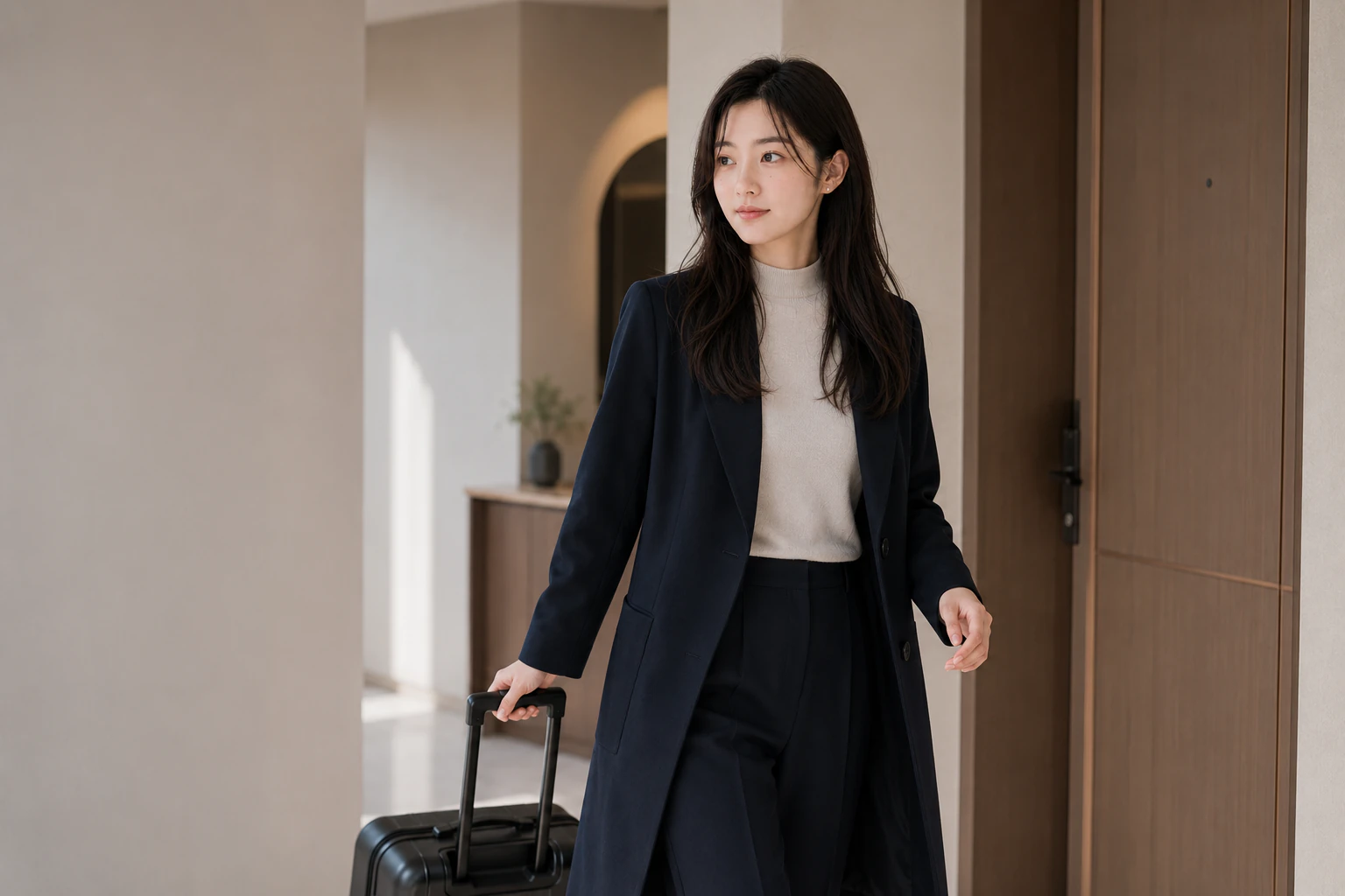 Rina stepping out of a plain doorway in the morning with one compact carry-on at her side