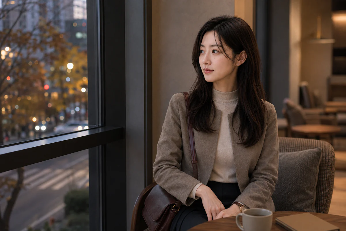 Waist-up view of Rina seated by an indoor window with one cup beside her, looking toward the fading light outside.