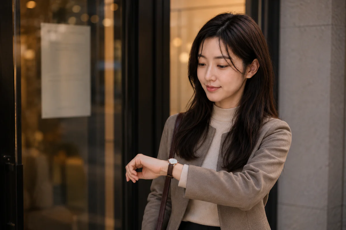 Rina comparing her wristwatch with a blurred, unreadable information area on a shop’s glass door.