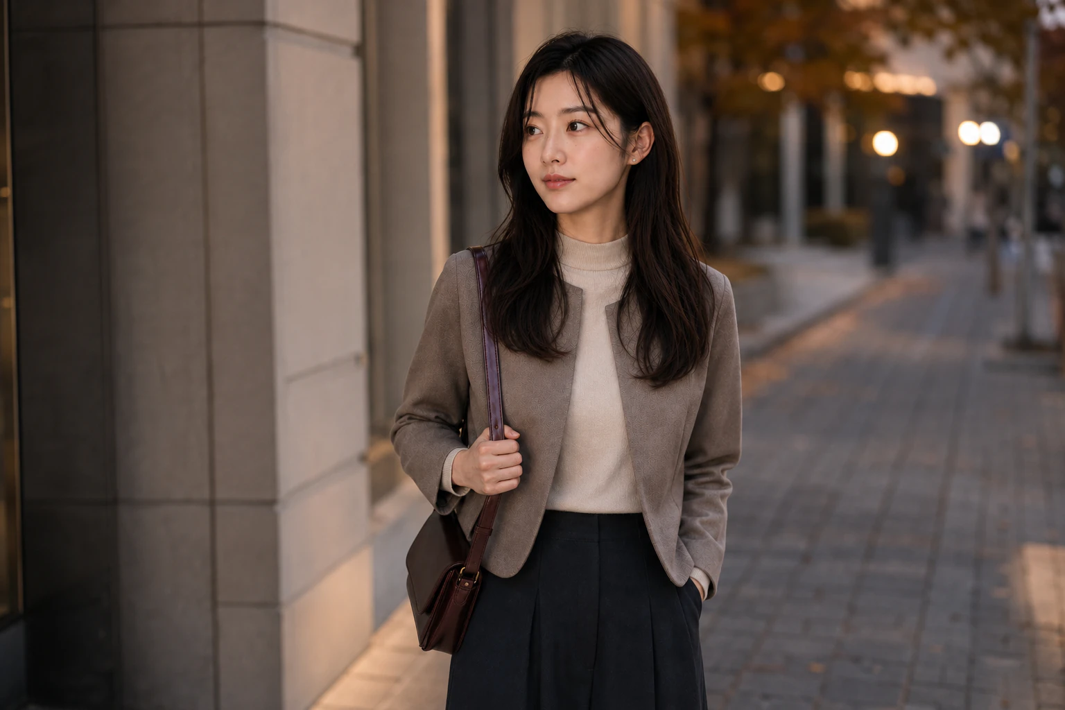 Waist-up editorial portrait of Rina in a mushroom jacket and stone turtleneck, looking toward the remaining light on a street at dusk.
