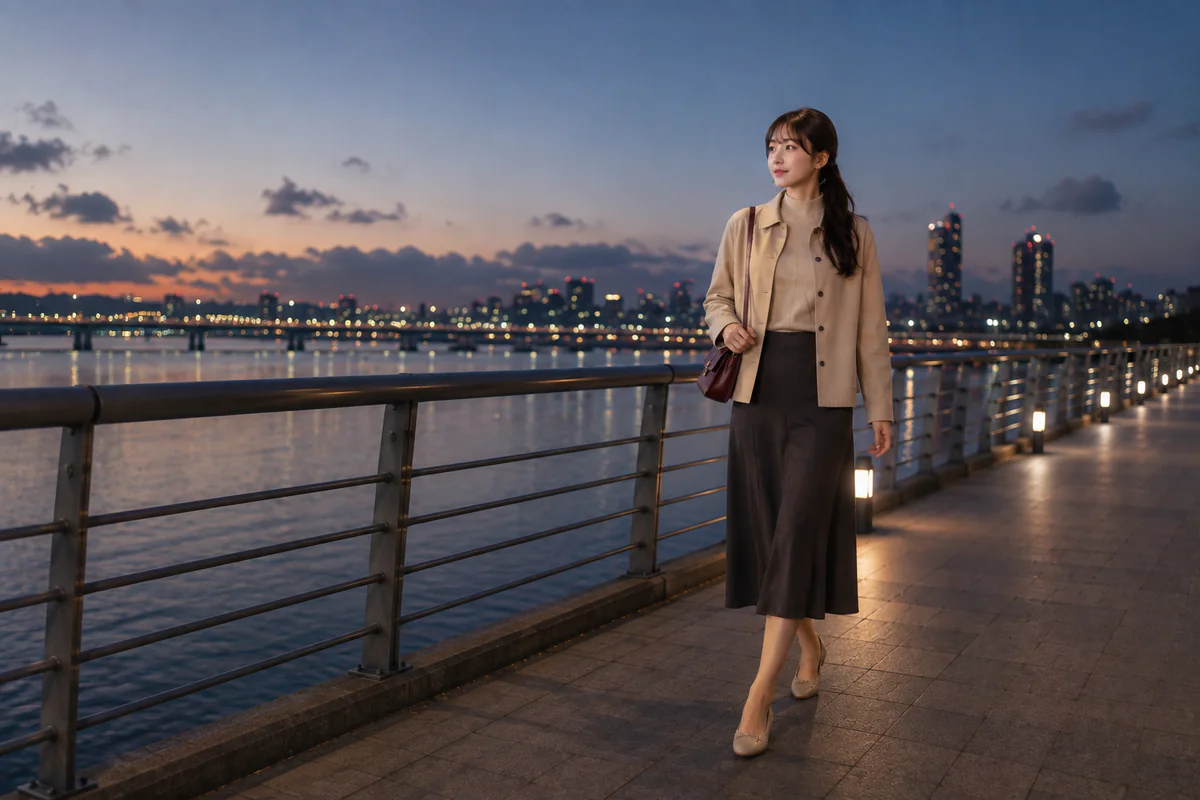 Full-body editorial image of Rina walking along the railing of a riverside pedestrian bridge at blue hour, wearing a mushroom jacket, stone turtleneck, dark midi skirt, oxblood bag, and nude flats, with the river and city skyline softly blurred behind her.