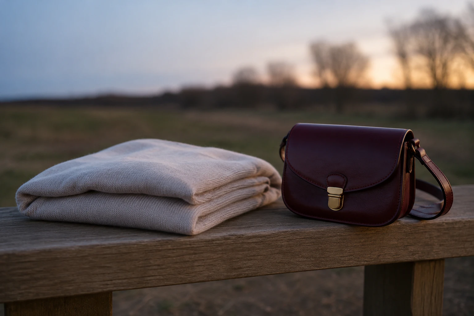 A folded outer layer laid on a bench rail beside a small bag as the light lowers