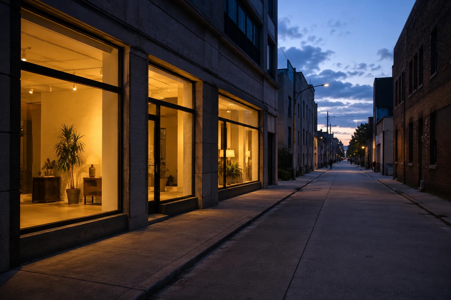 An evening side street in Seongsu at the edge of blue hour, shop light against the last daylight, a few distant unrecognizable figures