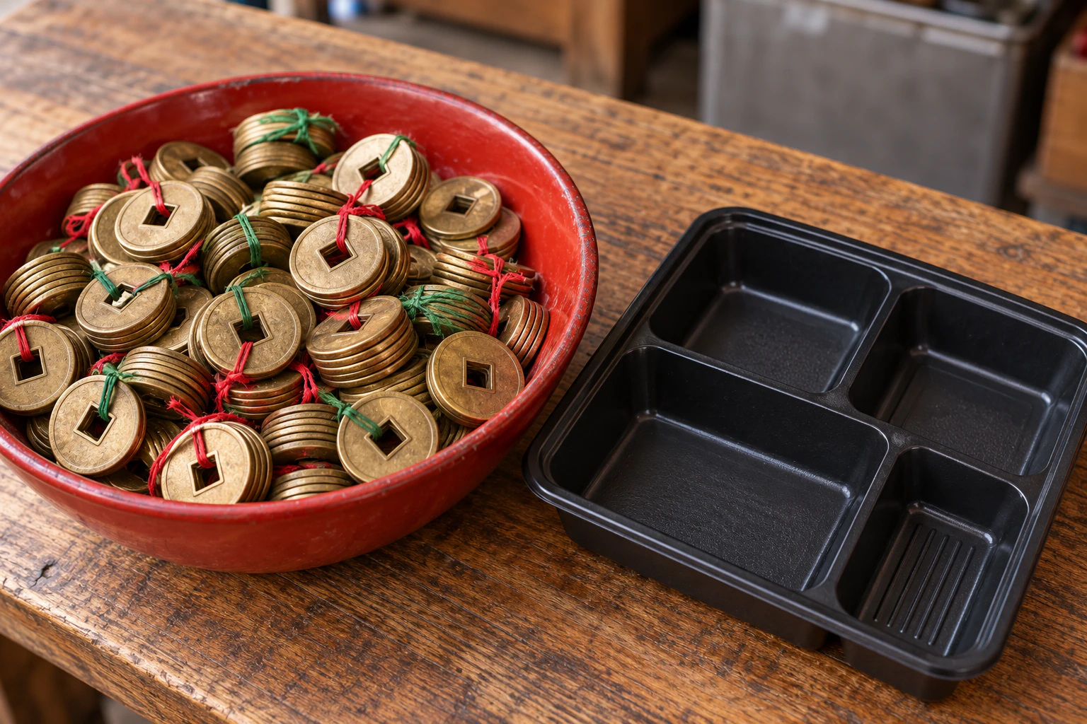 A pile of brass-coloured coins with square holes in a red bowl, beside an empty black lunchbox with compartments. No lettering on the coins. Editorial image.