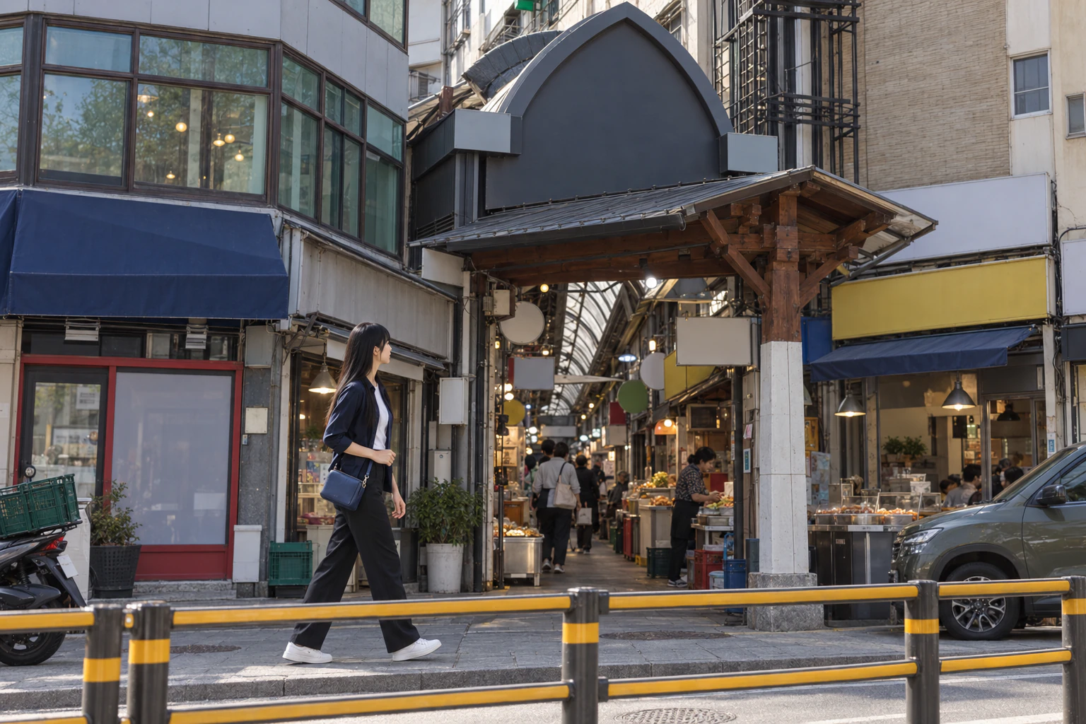 A woman in a white T-shirt and navy overshirt with a crossbody bag walks, seen side-on, along a pavement beside a main road, with the market’s arched entrance ahead. Editorial image.