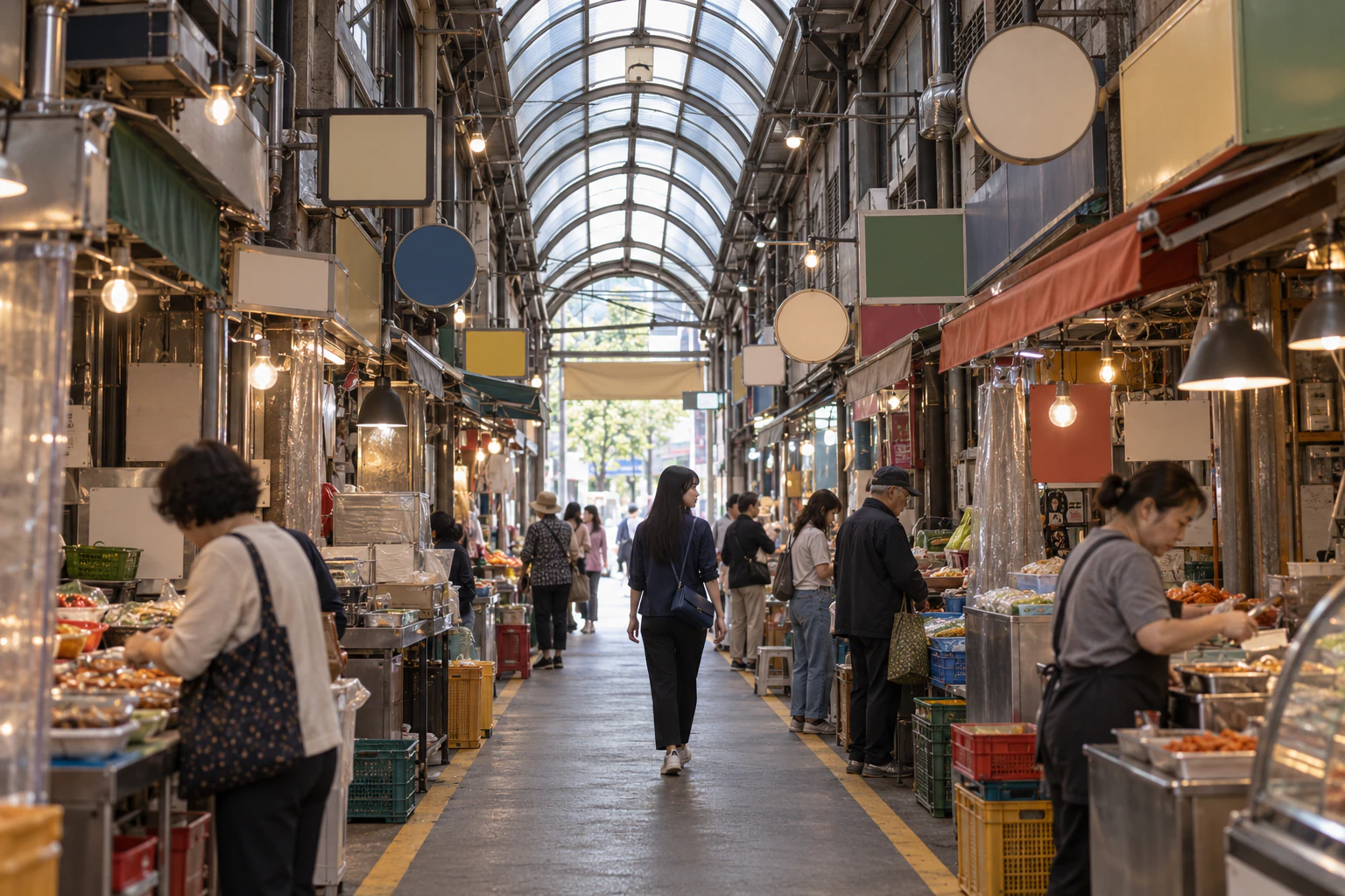 A wide view from inside an arched-roof market aisle towards a bright entrance, with a small woman walking away towards it, seen from behind. Editorial image.