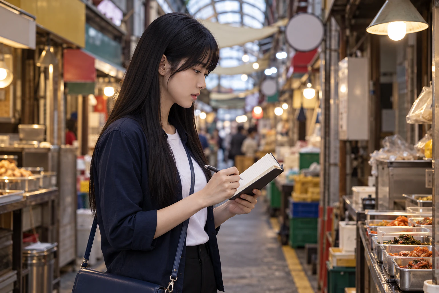 Waist-up side view of a woman looking at a small notebook in a market aisle, the arched roof and shops soft behind her. Editorial image.