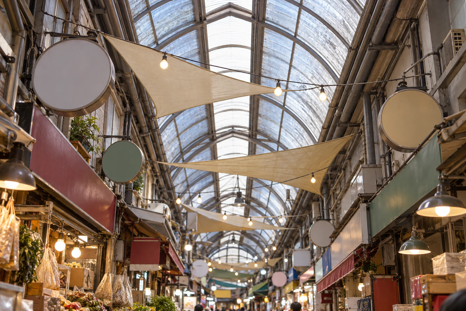 Looking up at the clear arched roof over a market aisle, with triangular fabric shades and strings of bulbs hung beneath it. Editorial image.