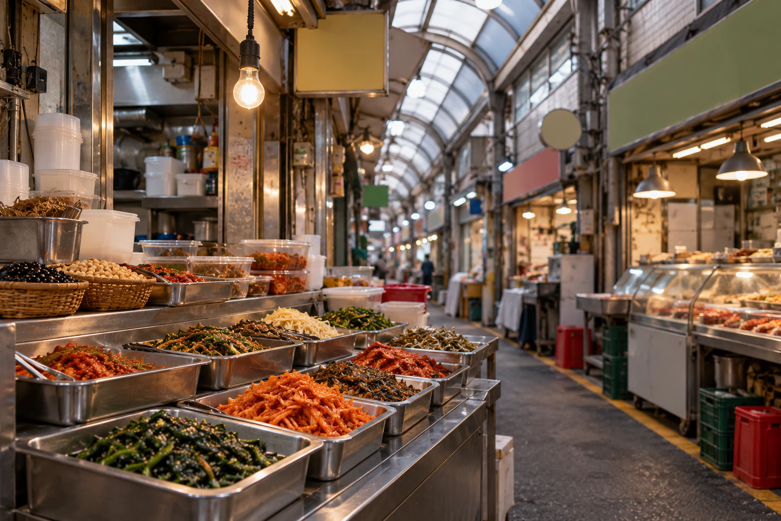 Straw baskets of beans and grains along an aisle, with a side-dish counter behind. No people. No lettering. Editorial image.
